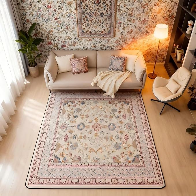 Boho 3x5 Area Rug Vintage Floral Rugs for Living Room | Art Deco Abstract Washable Rug, Retro Tribal Aesthetic Oriental Carpet Indoor Floor Mat