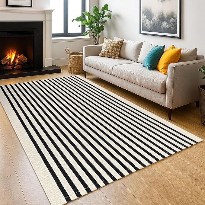 KOZYFLY Black and Beige Striped Rug 5x8 Ft Area Rug Washable Indoor Outdoor Rug Cotton Outdoor Patio Rugs Farmhouse Rugs Living Room Carpet for Patio Dining Room Bedroom