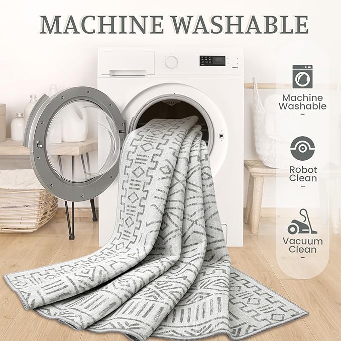 5x7 Area Rug Living Room: Washable Boho Geometric Moroccan Rug Neutral Modern Farmhouse Indoor Soft Non Slip Ultra Thin Printed Pattern Carpet for Dining Room Bedroom Nursery Home (BeigeGray, 5'x7')
