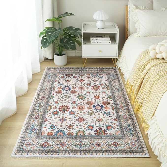 Rugcomf Bedroom Rug 3x5 Rug Washable Area Rug Non Slip Low Pile Boho Small Carpet for Bedroom, Bedside, Kitchen, Entryway, Kids Room, Office, College Dorm Essentials for Girls (Colorful)