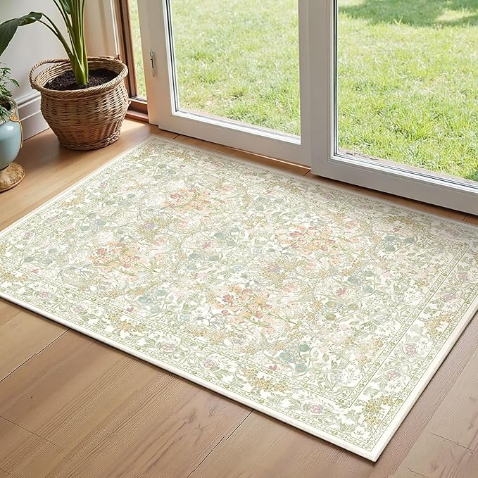 Sage Green Soft Bedside Non Slip Washable Rugs, 2x3 Farmhouse Small Rug for Kitchen, Indoor Entrance, Laundry, Bathroom - Boho Throw Front Door Mat, Soft Cottagecore Art Deco Carpet with Low Pile