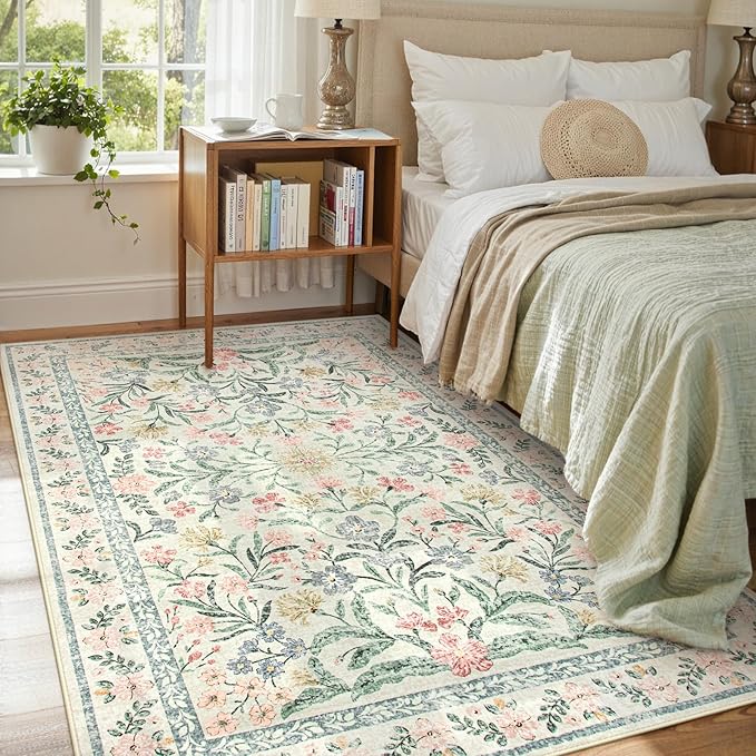 Lahome Boho Rugs for Living Room 5x7, Machine Washable Area Rugs Non-Slip, Vintage Floral Soft Kids Bedroom Carpet Rug for Home Girls Playroom Foyer Entryway, Beige/Multi