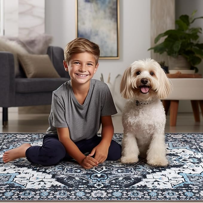 4x6 Washable Rug – Boho Non-Slip Indoor Area Rug for Living Room, Bedroom, Dining Room, Entryway – Black and Ivory with Ice Blue Accents