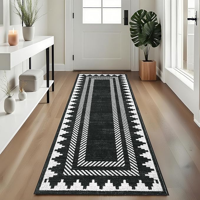 Modern Geometric Bordered 2×6 Non Slip Low Pile Runner Rugs for Kitchen Hallway Modern Stain Resistant Soft Indoor Carpet Foldable Machine Washable Non Shedding Bedroom Dining Room Rug, Black