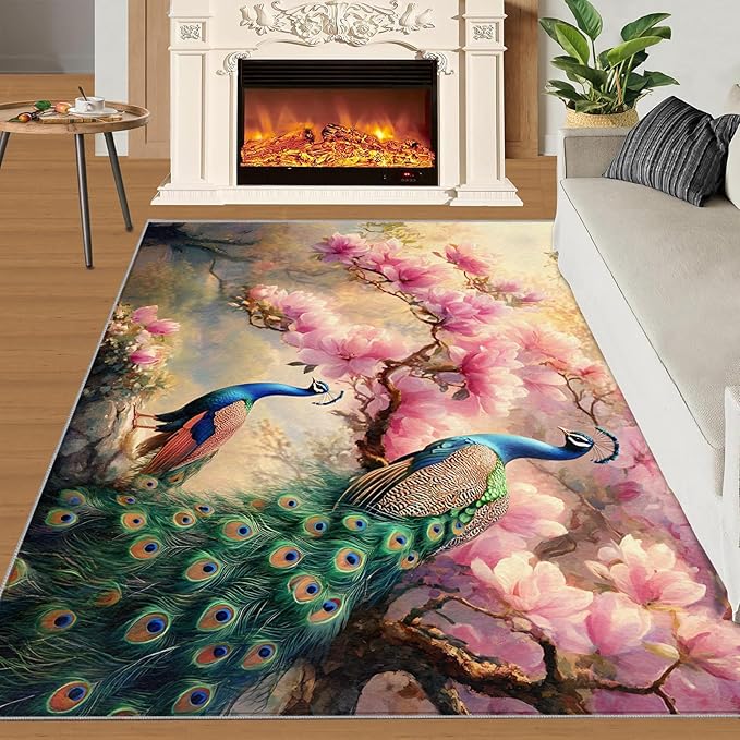 Peacock Magnolia Rug Small - 2x3 Rug, Pink Magnolia Washable Rugs for Living Room, Classic Carpet, Peafowl Non-Slip Area Rugs for Bedroom, Aesthetics Carpet - Peafowl Home Decor & Gifts
