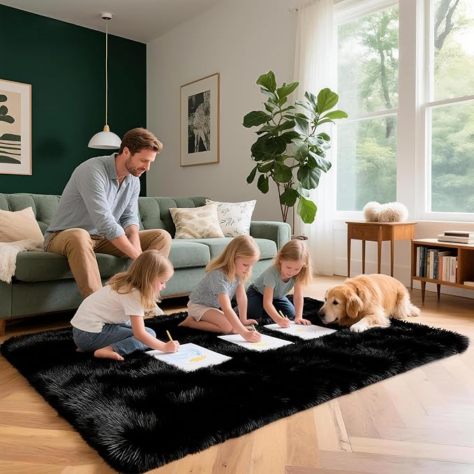 3x5 Solid Fluffy Black Area Rug – Washable, Durable, Living Room Rug, Non-Slip High Pile Shag Rugs for Bedroom, Living Room, Bedside, Dorms, Nursery Rooms, Kids Room, Soft Indoor Floor Carpet