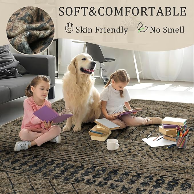 5x7 Machine Washable Area Rug for Living Room, Brown Black Vintage Moroccan Rug Large Non-Slip Low Pile Soft Faux Wool Carpet, Kids and Pets Friendly for Bedroom Dining Room Farmhouse Home Decor Rug