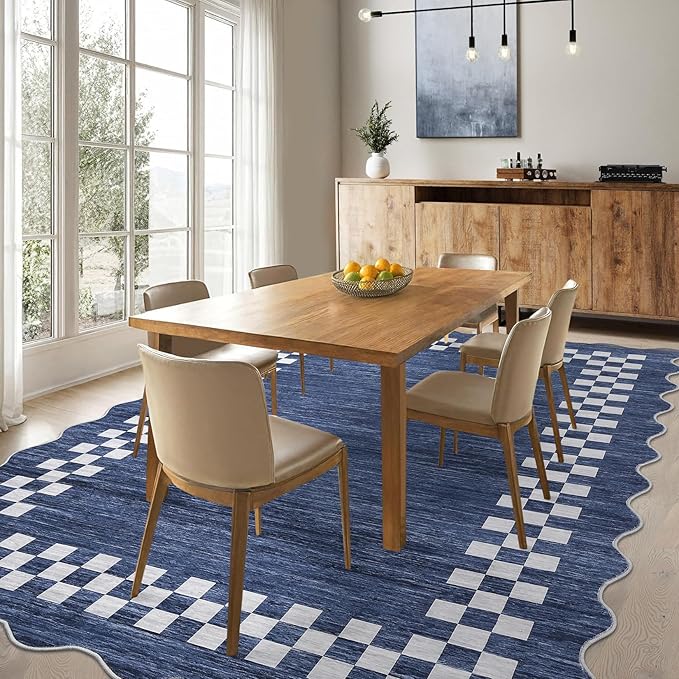 GarveeHome Washable Rug 5x7 for Living Room Large Bedroom Scalloped Rug Non Slip Stain Resistant Modern Border Throw Carpet Soft Boho Rug for Dining Room Nursery Home Office, Blue