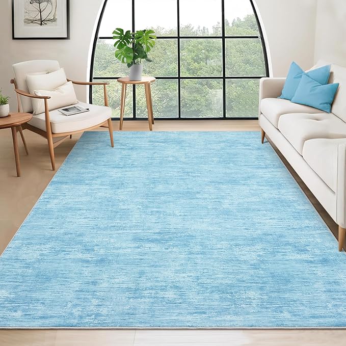 RUGSREAL Washable Rug 10x13 for Living Room Modern Abstract Area Rug Non-Slip Large Contemporary Bedroom Rug Stain Resistant Aesthetic Accent Floor Carpet Foldable Solid Rug for Home Office, Blue
