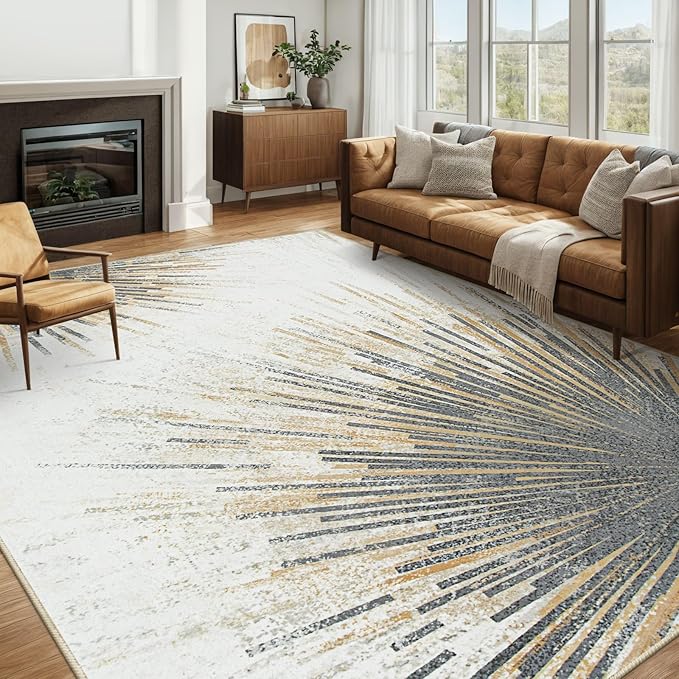 Lahome Modern 9 x 12 Area Rugs for Living Room, Ultra-Thin Washable Large Rug Non Slip Throw Carpet for Dining Room, Abstract Print Indoor Soft Carpet for Bedroom Office (Gold/Gray, 9'x12')