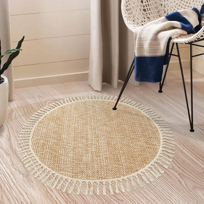 Collive Hand Woven Round Area Rug Soft Cotton Machine Washable Carpet 3ft Farmhouse Rugs with Tassels, Tan/Cream Circle Rugs for Bedroom Living Room Dining Room Table Office