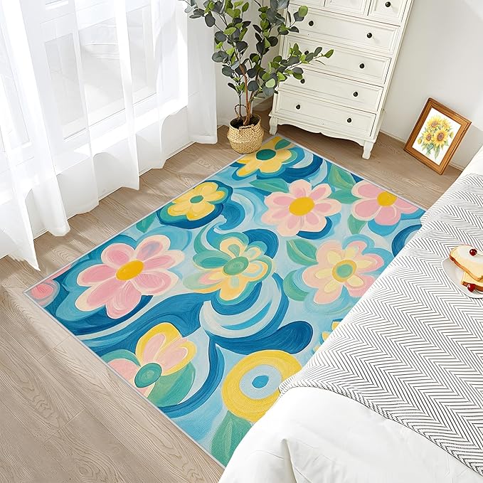 Floral Washable Rugs - 5x8ft - Modern Artistic Flower Rugs for Living Room Non Slip Low Pile Area Rug for Bedroom, Floral Carpets Room Decor & Gifts