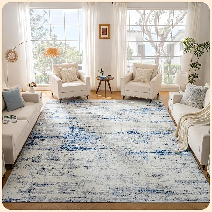 Istana Living Room Rug 10x14 - Blue/White 10 x 14 Area Rug - Foldable Machine Washable Area Rugs 10x14 - Stylish 10x14 Area Rugs Boho - Stain Resistant Washable Rug 10x14