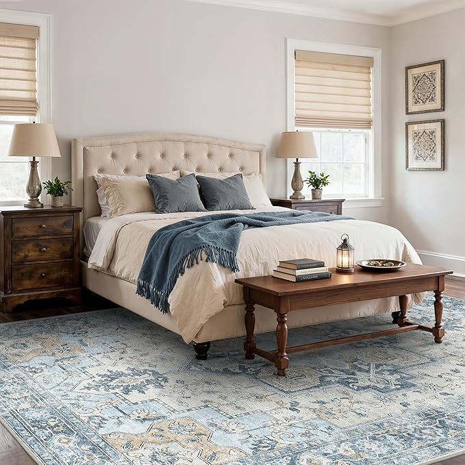 10x12 Area Rugs for Living Room, Machine Washable Rug, Non Slip Vintage Rugs, Low Pile Lightweight Print Rug for Bedroom, Dining Room, Home Office, Blue
