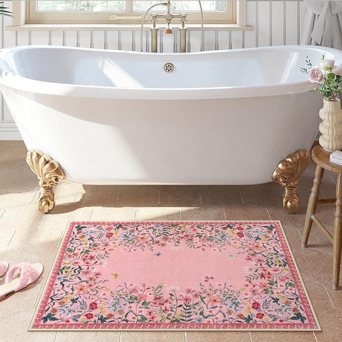 Lahome Boho Floral 2x3 Small Pink Rugs for Bedroom Washable Bathroom Rugs,Boho Floral Door Mat Indoor Entrance,Soft Non-Slip Indoor Carpet Throw Rug for Bedside Entryway Laundry(Pink,2x3)