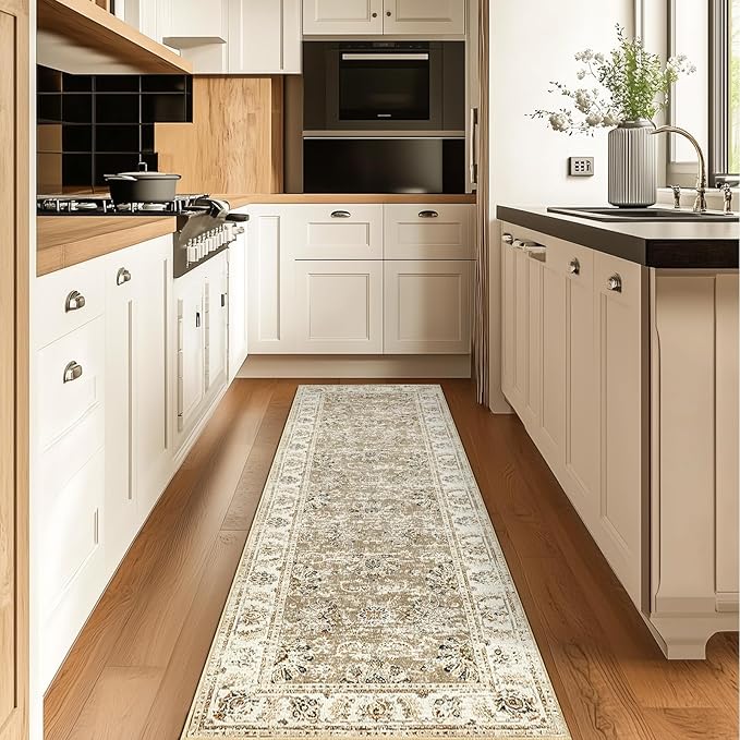 jinchan Fiora Runner Rug 2x5 Machine Washable Hallway Rug Taupe Vintage Floral Print Non-Slip Low Pile Ultra-Thin for Kitchen, Entryway, Laundry Room, Bedroom, Farmhouse (2‘x5’, Taupe)