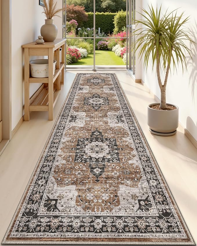 DEXI Hallway Runner Rug 3x12, Distressed Non Slip Runners Carpet, Boho Vintage Soft Thin Indoor Rug, Stain Resistant Washable Entry Mat for Entryway Kitchen Laundry Room Living Room, Brown