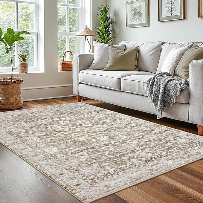 Vintage 4x6 Living Room Washable Rug, Beige Tan White Non-Slip Soft Bedroom Area Rug Thin Printed Faux Wool Floor Super Soft Carpet Throw Rugs for Nursery Playroom Dining Room Indoor Office