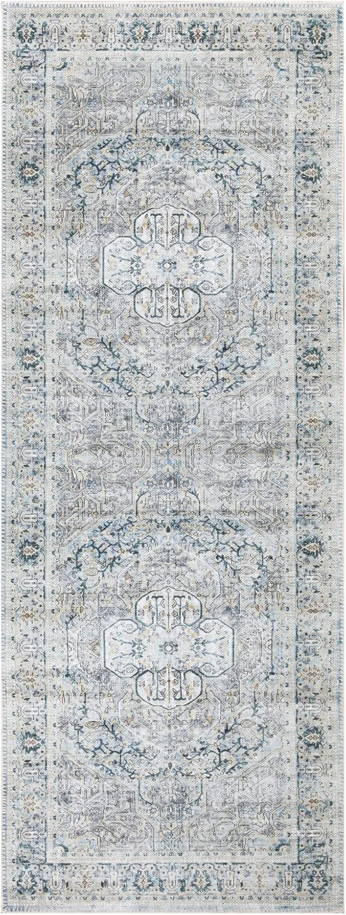 Bloom Rugs Washable Non-Slip 10 ft Runner - Cream/Light Blue/Teal Traditional Medallion Runner for Entryway, Hallway, Bathroom, and Kitchen - Exact Size: 2.5' x 10'