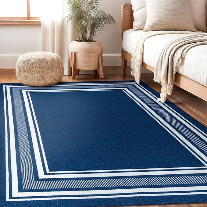 Beverly Rug Non Slip Area Rugs 5x7 Modern Bordered Non Skid Rubber Backing Soft Area Rug for Living Dining Room Easy to Clean Non Shedding Kitchen Bedroom Indoor Carpet 5 x 7 Navy