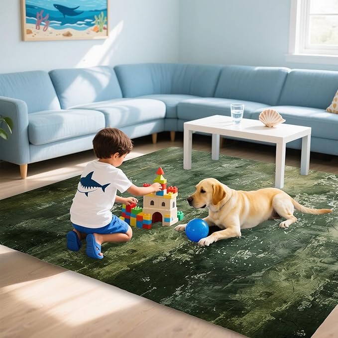 Green Vintage Distressed Carpet for Living Room, 5x7 Non-Slip Washable Low Pile Abstract Design Rug, Space Saving Area Rug for Bedroom, Dining Room