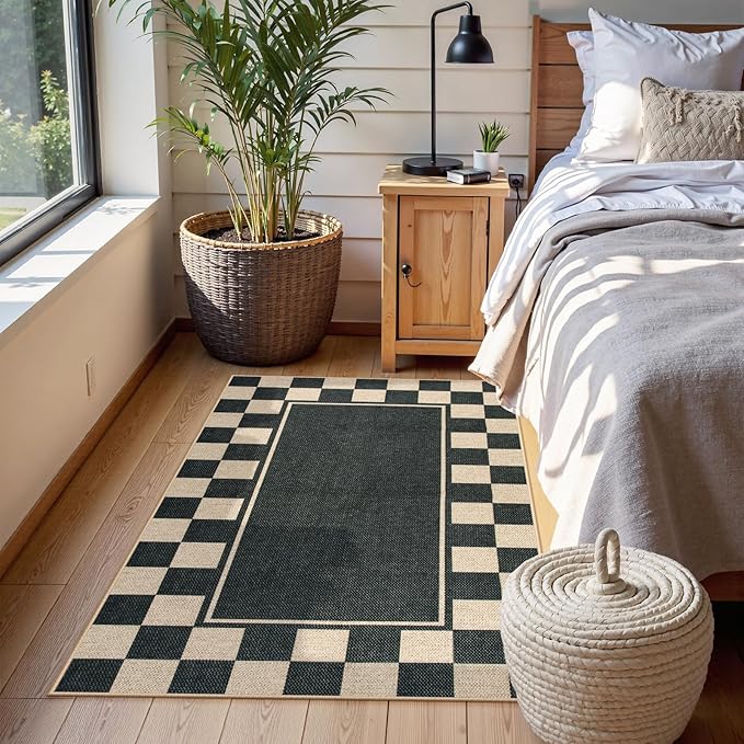 Moynesa Easy Jute Rug Checkered Outdoor Patio Rug 3x5, Washable Rugs for Entryway Non Slip Bordered, Indoor Outdoor Carpet for Living Room Bedroom Kitchen Farmhouse Backyard, Black