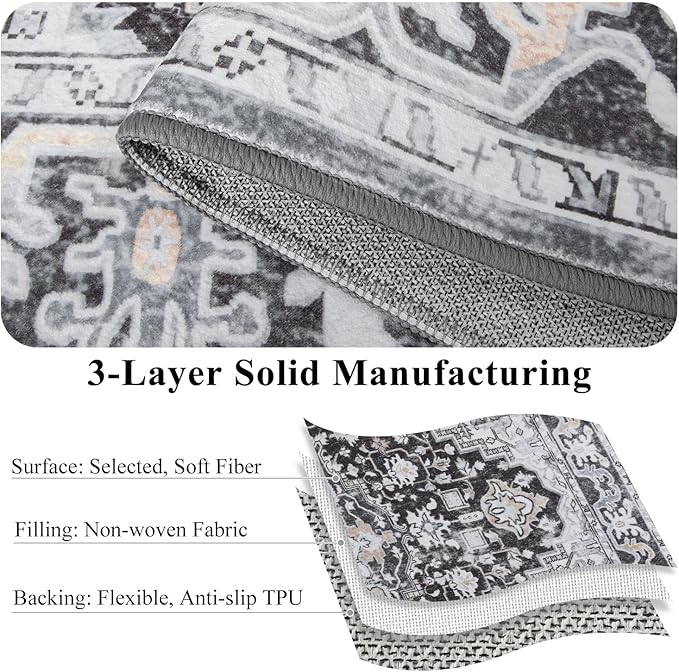 Washable Area Rug 3x5, Low Pile Super Soft Carpet, Vitnage Distressed Rug for Bedroom, Living Room, Dining Room, Non-Slip, Low Pile, Black