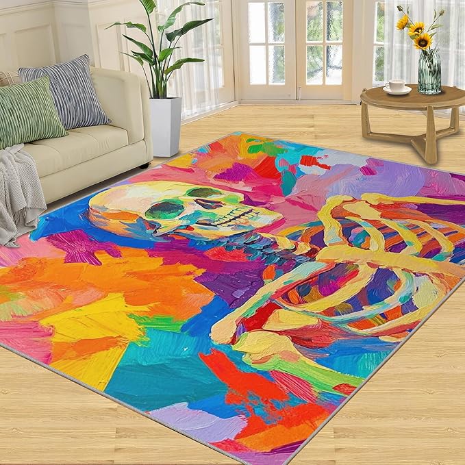 4x6 Abstract Graffiti Cafe Rug - Colorful Skeletons Rugs for Bedroom Aesthetic, Pop Art Soft Comfortable Non-Slip for Offie Bedroom Study Boy Girl Room Hotel Dorm