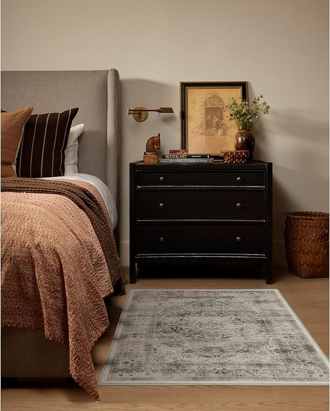 RUGGABLE Washable Vintage Area Rug – Sarrah Sage 3x5, Stain-Resistant, Non-Slip – Small Machine Washable Rugs for Living Room, Bedroom, Hallway, Entryway & Office–with Cushioned Pad