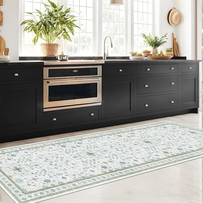 Turkish 3x8 Wide Hallway Runner - Cream Green Oushak Boho Floral, Washable Low Pile Non Slip Stain Resistant Rug for Kitchen, Bathroom, Hall Way