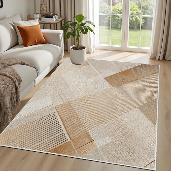 Minimalist Abstract Area Rug 5x6 Brown Boho, Modern Washable Stripe Art Rugs, Soft Non-Slip Low-Pile Carpet for Living Room, Bedroom, Kitchen, Dining Room, Pet Friendly, Non-Shedding, Beige