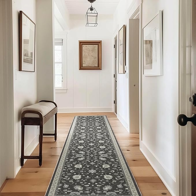 EVERGRACE Hallyway Area Runner Rugs 2x10, Boho Floral Faux Wool Indoor Outdoor Rugs, Washable Rugs for Bedroom Dining Room Living Room Kitchen, Low Pile Floor Mat Carpet for Home Decor, Ebony Black