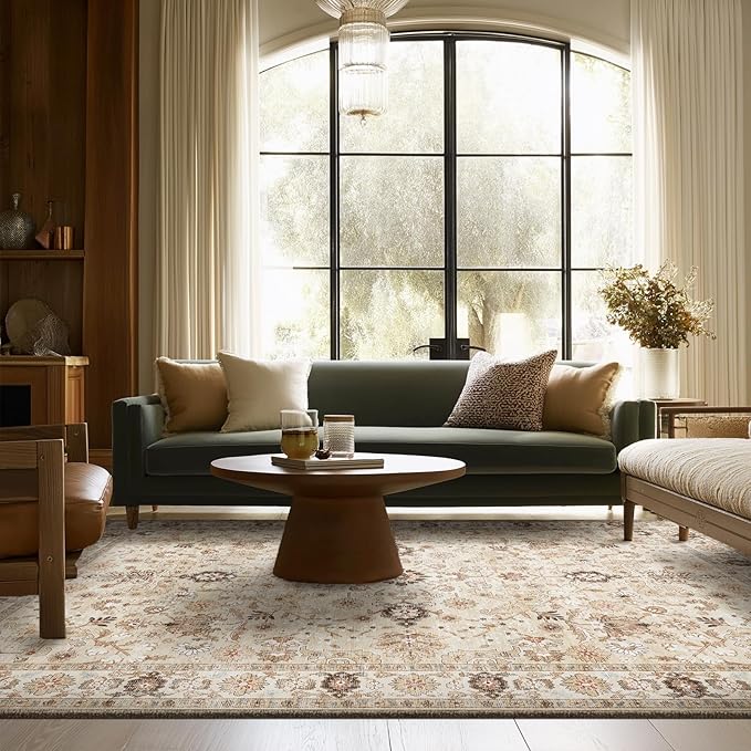 6x9 Washable Rug Vintage Fade Resistant Boho Distressed Non-Slip Indoor Large Carpet Low Pile Lightweight & High-Traffic Safe for Bedroom, Dorm, Playroom - Farmhouse Decor