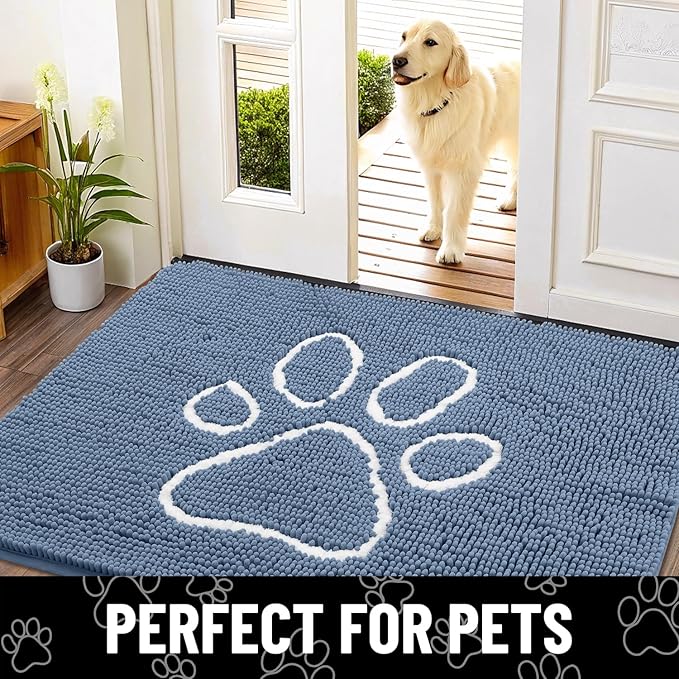 Smiry Dog Door Mat for Muddy Paws, Absorbent Dirt Trapper Non Slip Quick Dry Washable Chenille Mat for Mud Dogs, Entry Rug for Indoor and Outdoor (71x46 Inches, Airy Blue and White)