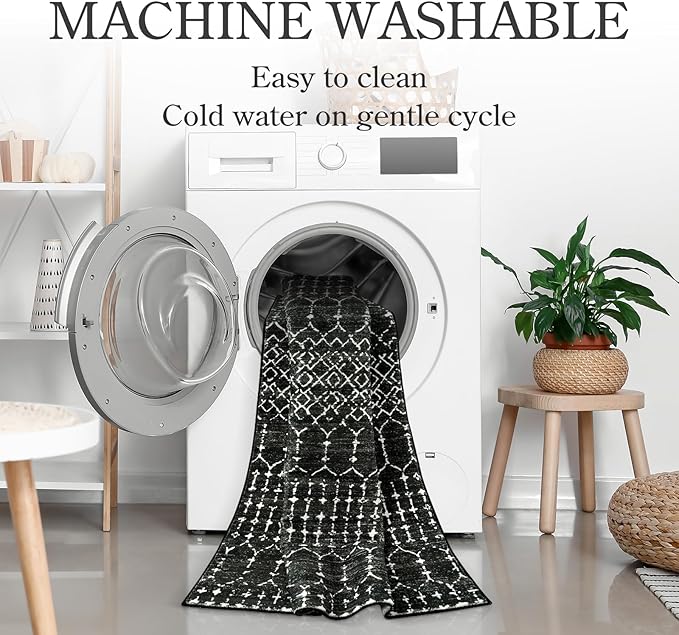 Lahome Moroccan Black Rug 2x8 Washable Non-Skid Kitchen Floor Runner, Low-Profile, Non Slip, Geometric Print Distressed Entryway Runner for Hallways, Laundry Room, Foyer