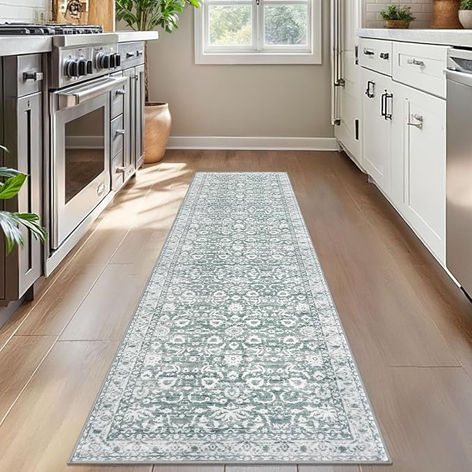 Vintage Floral 2x7 Runner Rug, Sage Green White Washable Kitchen Runner Rug Non-Slip Hallway Rug Runner Boho Super Soft Thin Printed Faux Wool Carpet for Entryway Bedroom Laundry Room Indoor
