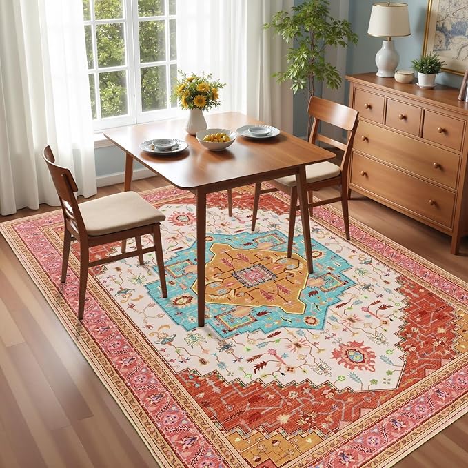 5x7 Orange Pink Area Rug for Living Room, Machine Washable Rugs with Non-Slip Backing for Bedroom, Vintage Medallion Carpet Dining Room Office Kids Room Decor