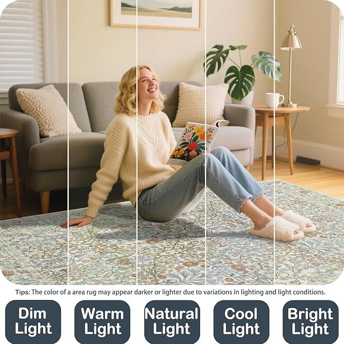 Vintage Beige Blue Living Room Rug, 8x10 Washable Area Rugs for Dining Room Under Table, Soft Low Pile Large Carpet Bedroom, Non-Slip Boho Floral (8 x 10 Beige Blue)