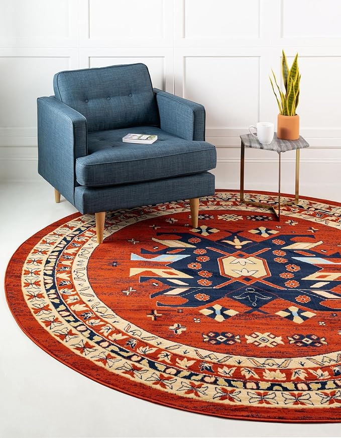 Unique Loom Taftan Collection Border Geometric Tribal Inspired Design Area Rug (8' 0 x 8' 0 Round, Terracotta/ Ivory)
