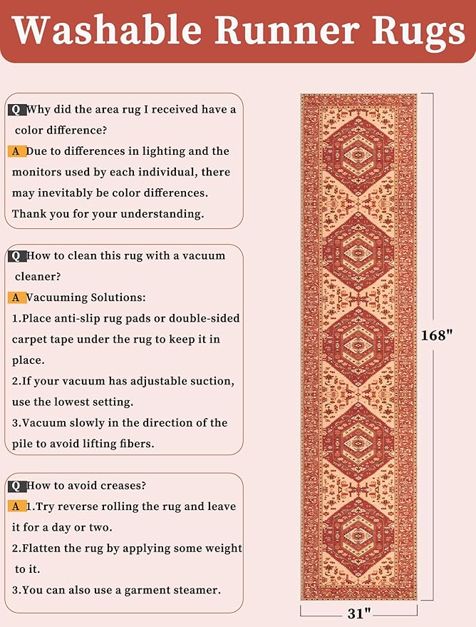 SERISSA Runner Rug for Hallways, 2'6"x14' Washable Non Slip Kitchen Runner Rug, Extra Long Boho Rug Ultra Soft Vintage Red Beige Print Floor Carpet for Bedroom Hallway Entryway Bathroom Laundry Room