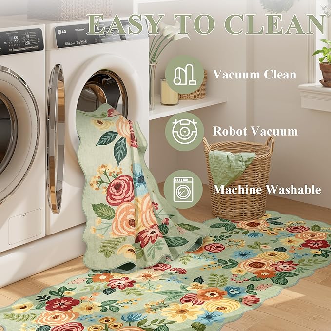 DUKINO 8x10 Area Rug, Floral Washable Rugs for Living Room with Non Slip Backing & Non-Shedding, Lightwight Low Pile Boho Design Large Carpets for Bedroom, Living Room, Dining Room, Green