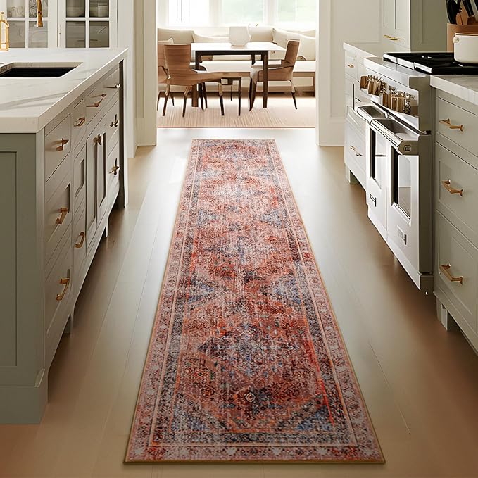 Phantoscope Washable Runner Rug 2'x10' Non-Slip, Vintage Neutral Fall Hallway Rugs for Entryway, Stair, Bedroom, Distressed Boho Medallion Pattern, Low-Pile Foldable Floor Carpet, Rust Orange