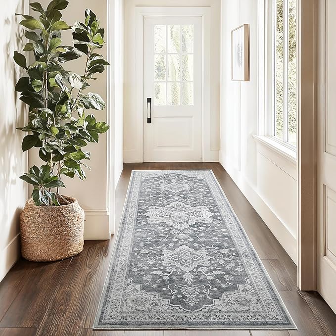 Marsail 2′6″x8′ Washable Area Rug, Soft & Slip-Resistant Hallway Rug with Reinforced Bound Edges, Vintage Short-Pile Washable Rug with Floral Pattern for Entryway and Kitchen, Grey