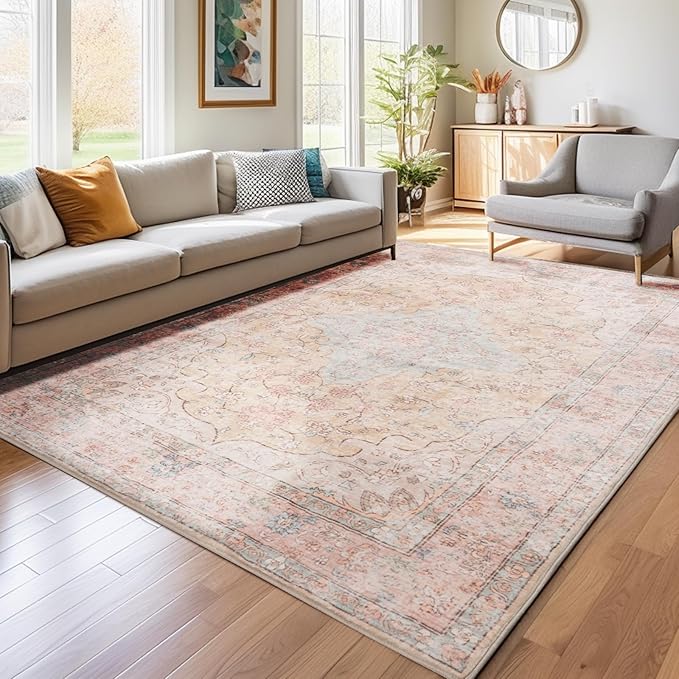 Rugs for Living Room, 8x10 Large Area Rugs Ultra Soft Washable, Vintage Boho Faux Wool Carpet for Dining Room, Bedroom, Office, Home Decor (Cinnamon)