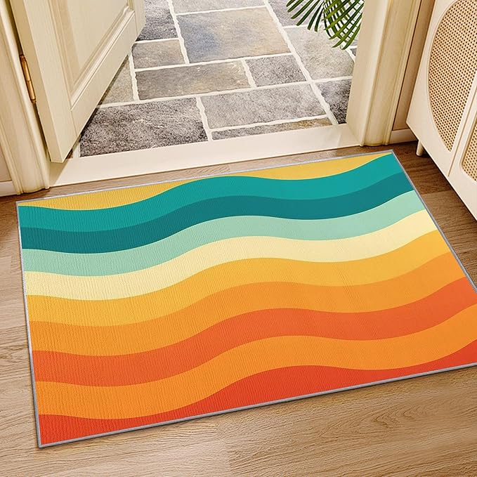 70s Rugs for Bedroom -Retro 70s Rug, 3x5 ft, Vintage Abstract Wave Area Rug, Colorful Groovy Washable Non-Slip Rugs for Entryway, Retro Swirl Striped Home Decor & Gifts