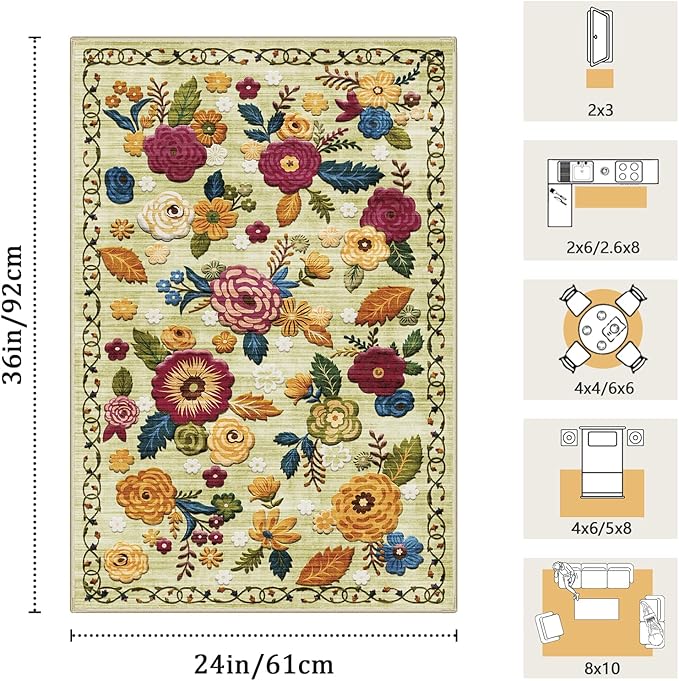 2x3 Machine Washable Area Rug for Entryway, Green Vintage Boho Floral Rug Non-Slip Low Pile Soft Faux Wool Small Carpet, Kids and Pets Friendly for Bedroom Kitchen Hallway Bedside Home Decor Rug