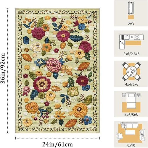 2x3 Machine Washable Area Rug for Entryway, Green Vintage Boho Floral Rug Non-Slip Low Pile Soft Faux Wool Small Carpet, Kids and Pets Friendly for Bedroom Kitchen Hallway Bedside Home Decor Rug