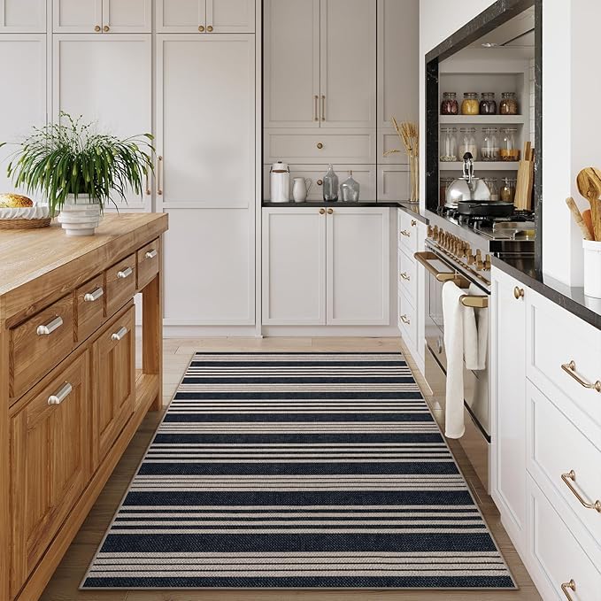 Lahome Striped Easy Jute Washable Rug, 3x5 Outdoor Porch Patio Entryway Rug Indoor Outdoor Carpet for Living Room, Farmhouse Neutral Non Slip Black Carpet for Backyard Bedroom Kitchen