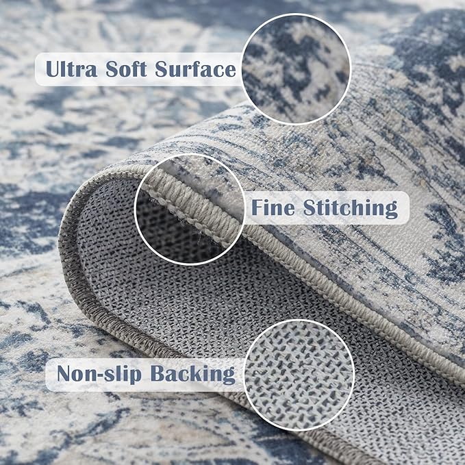 jinchan Fiora 6x9 Area Rug for Living Room Washable Soft Throw Rug Ultra-Thin Stain Resistant Non-Slip Distressed Vintage Floral Large Carpet for Bedroom, Home Office, Nursery(6x9ft, Dark Blue)