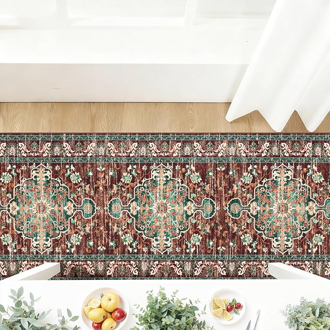 U'Artlines 3' x 20' Boho Hallway Runner Rug, Rust Non Slip Washable Vintage Farmhouse Accent Rug Carpet for Kitchen Entryway Laundry and Living Room (Rust＆Teal)